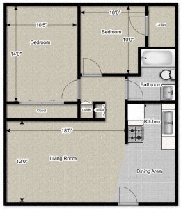 Floor plan for 2 beds, 1 bath, 700 sqft